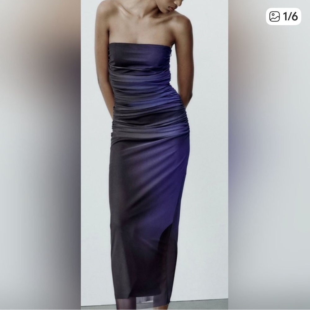 Zara Ombré Navy Blue Ruched Maxi Dress Size M